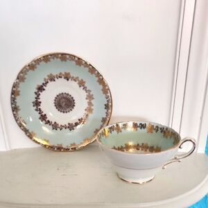 STANLEY TEA CUP AND SAUCER GOLD GILT SOFT AQUA TEACUP WIDE MOUTH CUP & SAUCER